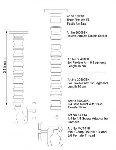 Flexible Arm with Plate Round and Clamp - 20 cm